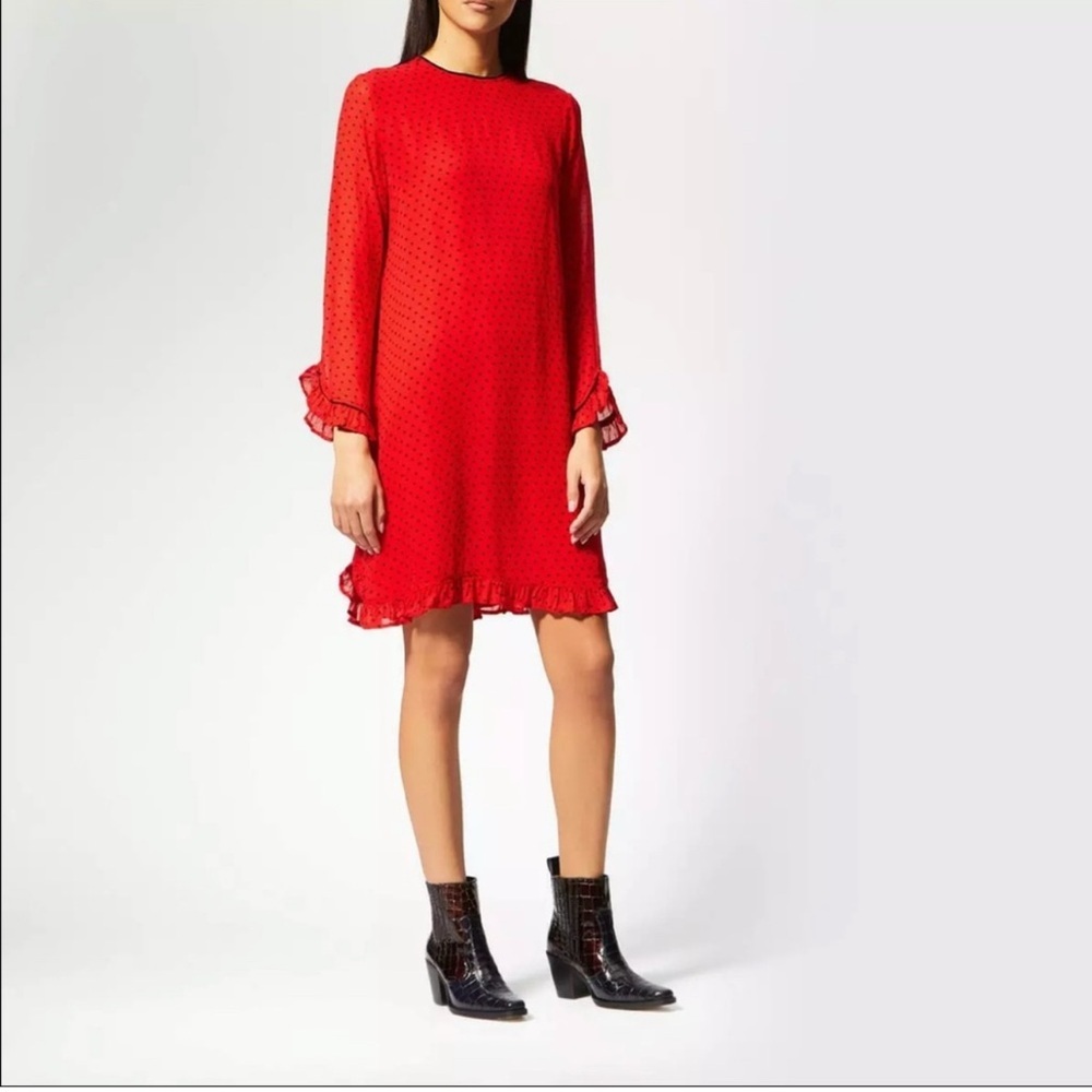 Ganni Red Long Sleeve Ruffle Dress